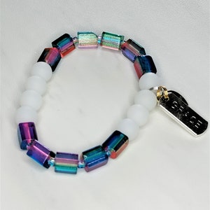 Rainbow Cube, White Glass Beaded Pride Bracelet