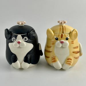 May include: Two ceramic cat-shaped jars. One is black and white, the other is yellow with brown stripes. Both have a pink flower-shaped knob on the lid and white paws. The jars have a cartoonish design.