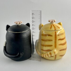 May include: Two ceramic cat-shaped containers. One is black, the other is yellow with brown stripes. Both have lids with a flower-shaped knob. The containers are approximately 13 cm tall, with a tail and ears.