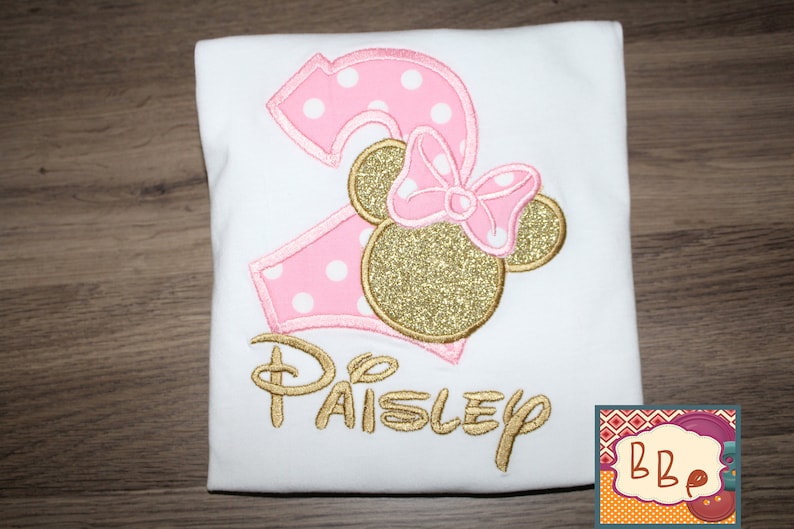 Pink and Gold Minnie Girl Shirt Embroidered Birthday Pink Gold Minnie Top Personalized