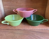 choice of harlequin cream soup bowl. rose or chartreuse or dark green. handled bowl. homer laughlin