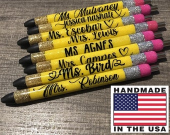 Personalized "Pencil" Teacher Pen - Refillable Custom Glitter Pen - Epoxy Resin Paper Mate InkJoy Gel