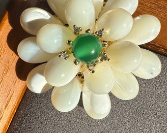 Freshwater Mother of Pearl Flower Brooch with Jade and Moissanite Studs Gift for Her