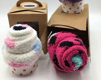 FLUFFY SOCKS CUPCAKE - Cosy Sock Cupcake - Calorie Free Cupcake - Sock Cupcake Gift - Fuzzy Socks Gift - Cosy Sock Present