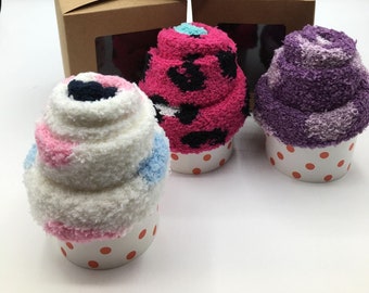 FLUFFY SOCKS CUPCAKE - Cosy Sock Cupcake - Calorie Free Cupcake - Sock Cupcake Gift - Fuzzy Socks Gift - Cosy Sock Present