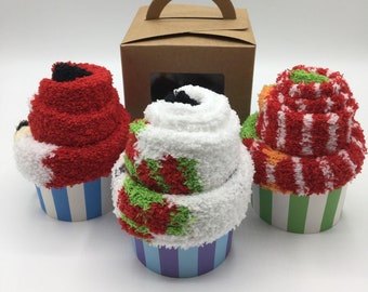 CHRISTMAS FLUFFY SOCKS Cupcake - Cosy Sock Cupcake - Calorie Free Cupcake - Sock Cupcake Gift - Fuzzy Socks Gift - Cosy Sock Present