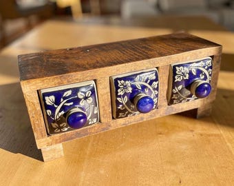 Rustic Wooden Mini Chest – Blue Floral Ceramic Knobs, Boho Desk Organiser, Jewellery Storage