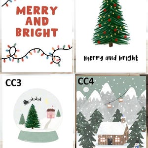 May include: Four Christmas greeting cards with festive designs. One card has the text "MERRY AND BRIGHT" with string lights. Another features a Christmas tree with ornaments and the text "merry and bright". The third card shows a snow globe with a Christmas tree and the text "Merry Christmas". The last card has a winter scene with a cabin and the text "Season's Greetings".