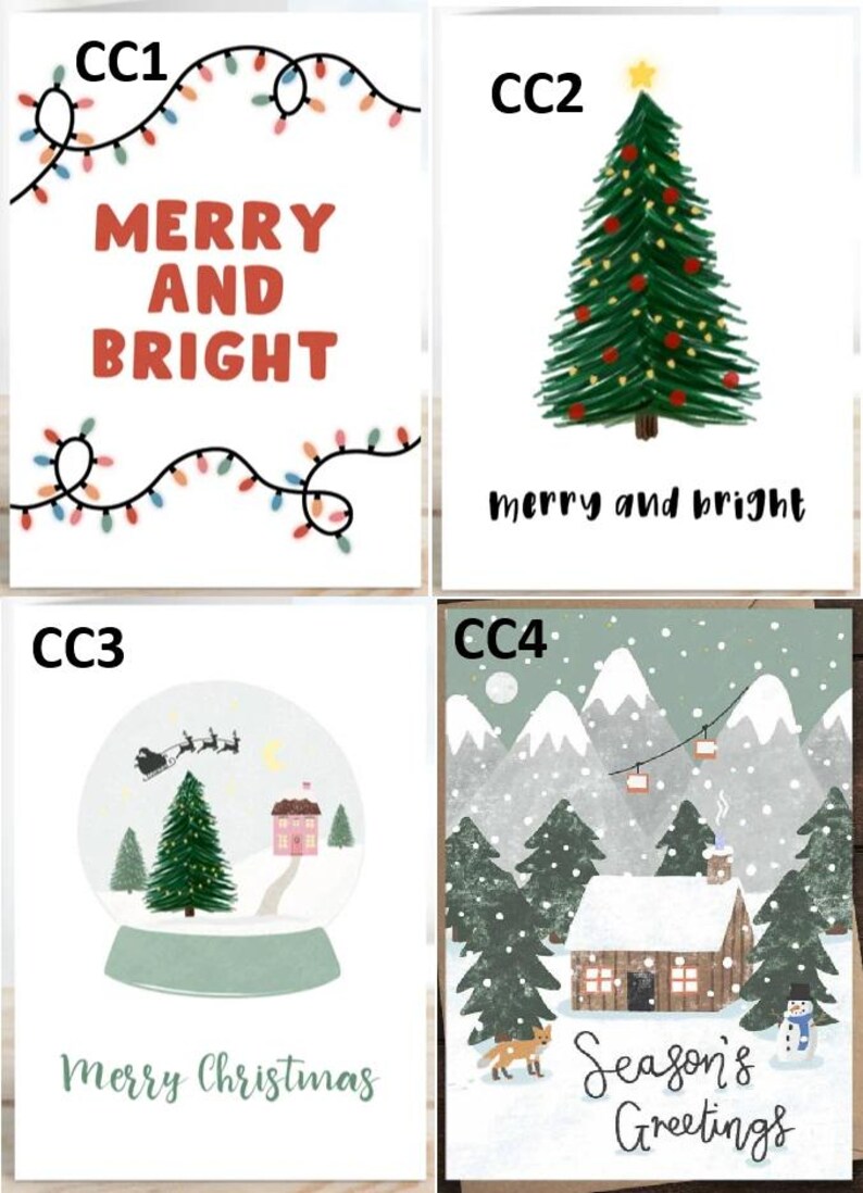 May include: Four Christmas greeting cards with festive designs. One card has the text "MERRY AND BRIGHT" with string lights. Another features a Christmas tree with ornaments and the text "merry and bright". The third card shows a snow globe with a Christmas tree and the text "Merry Christmas". The last card has a winter scene with a cabin and the text "Season's Greetings".