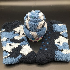 Men's FLUFFY SOCKS CUPCAKE Cosy Sock Cupcake Calorie Free Cupcake Sock Cupcake Gift Fuzzy Socks Gift Cosy Sock Present Blue Camouflage