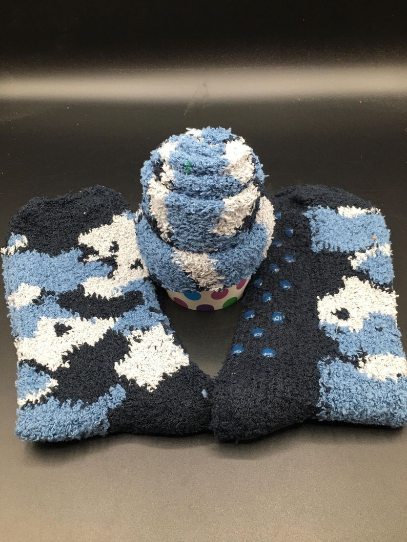 Men's FLUFFY SOCKS CUPCAKE Cosy Sock Cupcake Calorie Free Cupcake Sock Cupcake Gift Fuzzy Socks Gift Cosy Sock Present Blue Camouflage