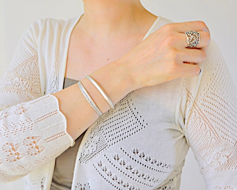 Ladies Classic Solid Textured Bracelet Cuff Bangle minimal design Slim Cuff Bangle open bangle Brushed Silver Custom Bespoke Cuff 6