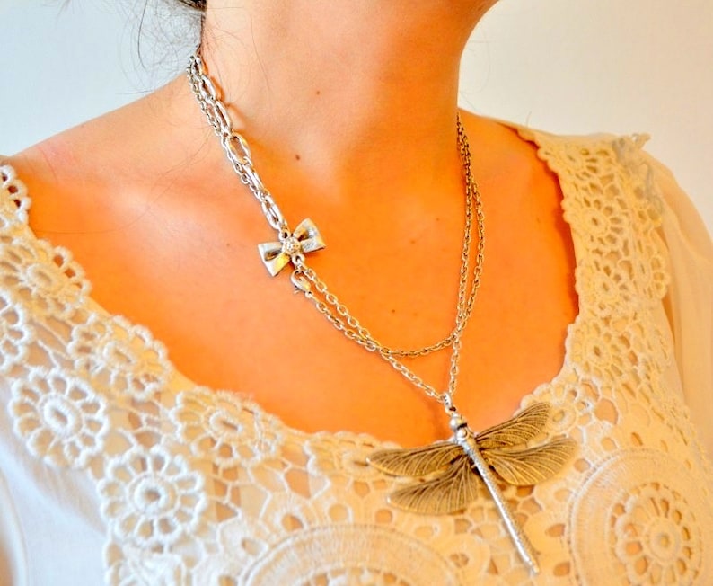 Dragonfly Animal Fly Insect Long Silver Plated Zinc Statement Necklace Bohemian Authentic Gypsy Teenage Luck Necklace