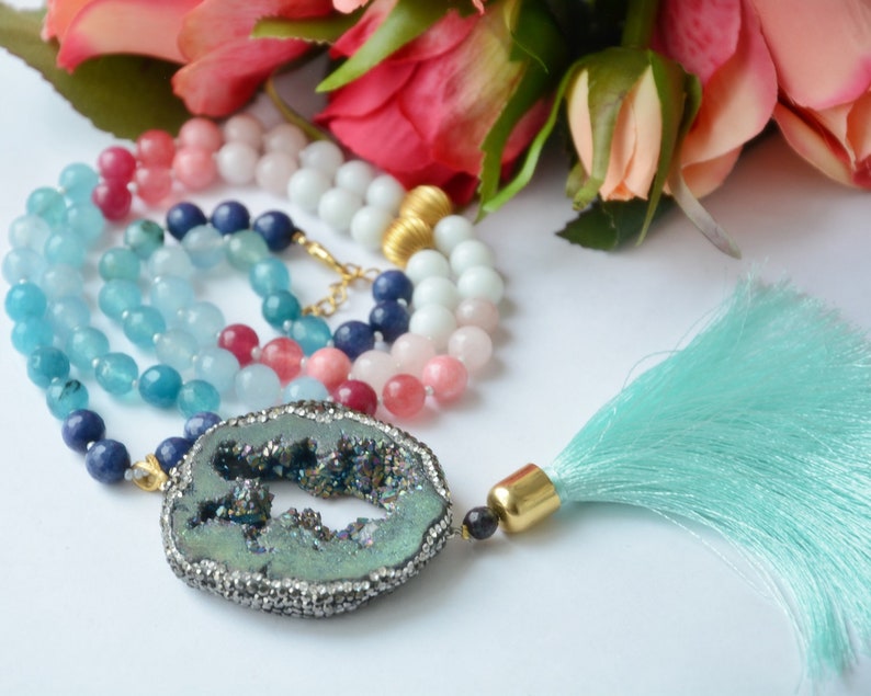 green Druzy Tassel Necklace Metallic Druzy Gold Necklace Natural Raw Stone Necklace geode Quartz sliced necklace Multi Colored Necklace