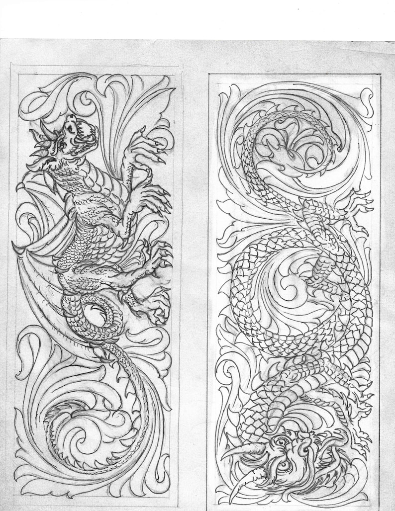 2 dragon drawings for leather work