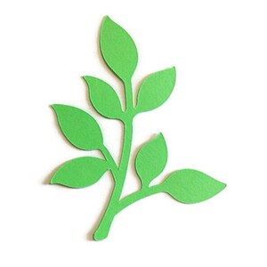 May include: A green paper cutout of a leafy branch with five leaves.