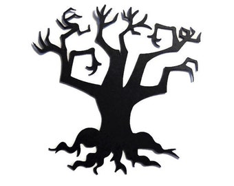 May include: Black silhouette of a spooky tree with gnarled branches and roots. The tree is a Halloween decoration.