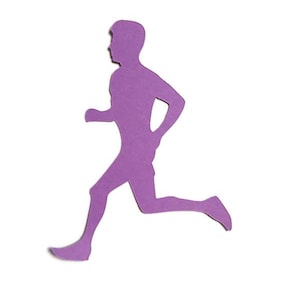 May include: A flat, purple paper cutout in the shape of a person running. The silhouette shows the figure in profile, facing left, with arms bent at the elbows and legs positioned in a mid-stride motion, capturing the essence of a runner in motion.