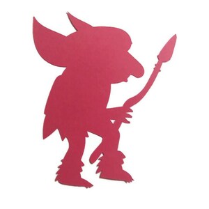May include: A red silhouette of a goblin-like creature holding a spear. The figure has large ears, a prominent nose, and shaggy boots. The image is set against a white background.