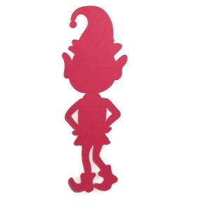 May include: A red paper cutout of an elf with a pointed hat and a simple design. The elf is standing with its hands on its hips.