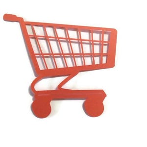 May include: A flat, orange, two-dimensional cutout shaped like a shopping cart. The design features a grid-patterned basket, a handle on the left side, and two circular wheels at the base, all rendered in a solid, vibrant orange color.