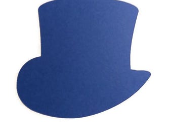 May include: A flat, two-dimensional cutout in the shape of a top hat. The object is a solid, deep blue color with a smooth, matte texture and features the classic tall crown and wide, curved brim silhouette associated with a traditional top hat.
