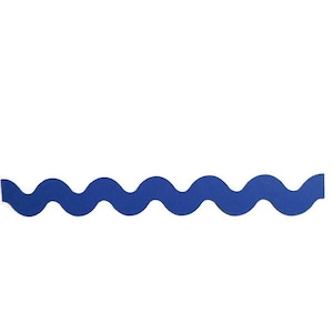 May include: A single, horizontal strip of blue trim featuring a continuous, repeating wavy or serpentine edge pattern. The material has a flat, solid blue color and a consistent thickness, designed with a smooth, curved silhouette along the top.