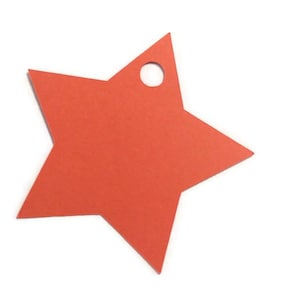 May include: A bright orange star-shaped tag with a small hole at the top for hanging. The tag is made of a solid, opaque material and is set against a white background. The star has five points.