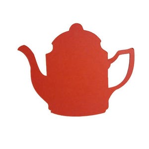 May include: A solid red teapot silhouette against a white background. The teapot has a curved spout, a handle, and a lid with a small knob. The design is simple and flat, with no shading or texture.