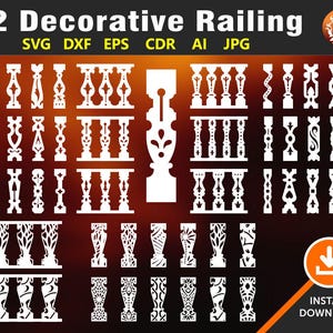 Könnte beinhalten: Darstellung von 42 weißen dekorativen Geländerdesigns vor einem Farbverlaufshintergrund. Die Designs variieren in ihren Stilen, einschließlich aufwendiger Muster und klassischer Balusterformen. Das Bild enthält Dateiformatoptionen und einen Hinweis auf einen Sofort-Download.
