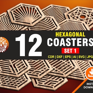12 Hexagonal Coaster and Trivet Design Cut Files, Wall Decor, Wall Hanging | CNC, Laser, Plasma, Cricut Cutting FIles in 6 File Formats