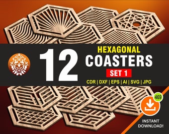 May include: Set of 12 hexagonal coasters with various geometric designs. The coasters are made of wood and have a natural finish. The text "HEXAGONAL COASTERS SET 1" is displayed at the top of the image.