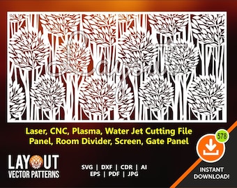 May include: A digital file for laser cutting a decorative panel with a repeating pattern of trees. The file can be used to create a room divider, screen, or gate panel. The file is available for instant download in SVG, DXF, CDR, AI, EPS, PDF, and JPG formats.