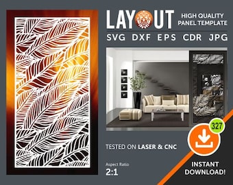 May include: A decorative panel template with a white feather design, suitable for laser and CNC cutting. The image includes the text "LAYOUT" and "HIGH QUALITY PANEL TEMPLATE". The aspect ratio is 2:1. Instant download available.