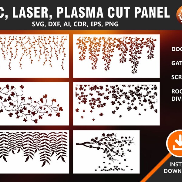 6 panneaux décoratifs, panneaux de porte, portail, écran de confidentialité, découpe de vinyle | Dxf, Svg, Png, Cdr, AI, Eps Vector | Laser CNC Plasma