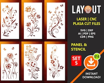 May include: Set of six digital laser cut files featuring floral designs. The designs are intricate and detailed, with swirls and leaves. The files are available in SVG, DXF, AI, PDF, EPS, CDR, and PNG formats. Instant download.