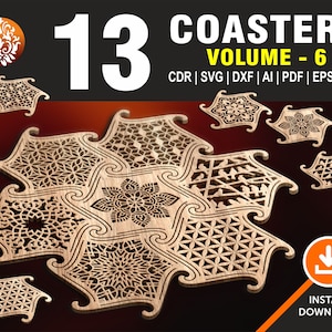 13 Coasters / Volume # 6 / Puzzle Wood, Metal, Wall Decor, Trivet | CNC, Laser, Plasma, Cricut Cutting FIles in 6 File Formats