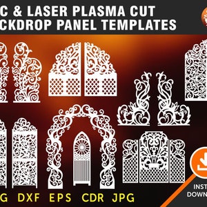 8 つの背景パネル テンプレート、結婚式の装飾パネル、イベント装飾パネル | レーザー、CNC、プラズマ、Cricut ファイル Cdr、Svg、Dxf、Ai、Eps、Jpg