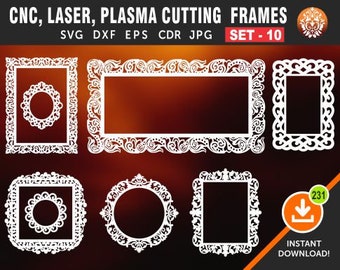 May include: Set of 10 intricate, white, decorative frames for CNC, laser, or plasma cutting. The frames are in various shapes and sizes, including square, round, and rectangular. The frames are perfect for adding a touch of elegance to any project.