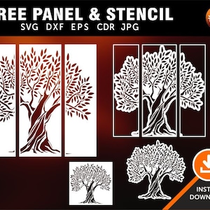 Puede incluir: Una descarga digital de un diseño de plantilla y panel con una silueta blanca de un árbol con ramas y hojas. El diseño está dividido en tres secciones. El texto "TREE PANEL & STENCIL" está en la parte superior de la imagen. El texto "SVG DXF EPS CDR JPG" está debajo del título. El texto "460" y "INSTANT DOWNLOAD!" están en la parte inferior de la imagen.