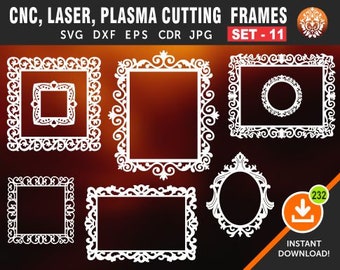 May include: Set of 11 white ornate decorative frames for CNC, laser, plasma cutting. SVG, DXF, EPS, CDR, JPG files included. Set - 11.