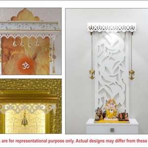 May include: Three white wooden temple designs with intricate carvings. The top design has a floral pattern and bells hanging from the bottom. The middle design has a gold trim and a floral pattern. The bottom design has a large floral pattern and a statue of a deity.