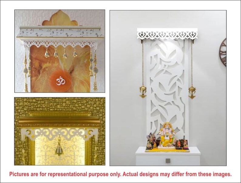 May include: Three white wooden temple designs with intricate carvings. The top design has a floral pattern and bells hanging from the bottom. The middle design has a gold trim and a floral pattern. The bottom design has a large floral pattern and a statue of a deity.
