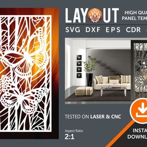 Panneau de séparation de pièce papillon, écran, cloisons, tentures murales, laser, CNC, Plaxma, fichier de découpe Cricut cdr, svg, dxf, eps, jpg