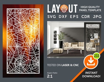 May include: A digital download of a laser cut file for a decorative panel featuring a spiderweb design. The panel is shown in a living room setting. The file is available in SVG, DXF, EPS, CDR, and JPG formats. The aspect ratio is 2:1.  The file is tested on laser and CNC machines.  Instant download.
