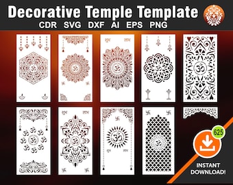 10 Plantillas de templo, para colgar en la pared, divisiones, pantalla, esténcil, láser, CNC, plasma, archivo de vinilo Cricut Cdr, Svg, Eps, Dxf, Ai, PNG