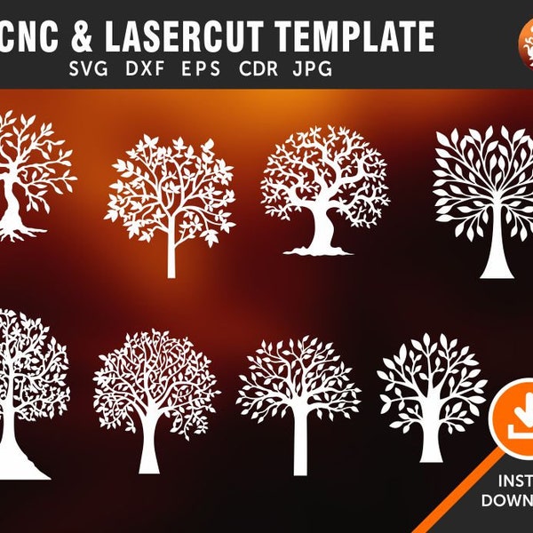 8 Tree Wall Hangings, Wall Decor Decal, Wall Vinyls, Tree Patterns, Laser, CNC Router Templates, Room Decor | Dxf, Svg, Jpg, Cdr, Eps Vector