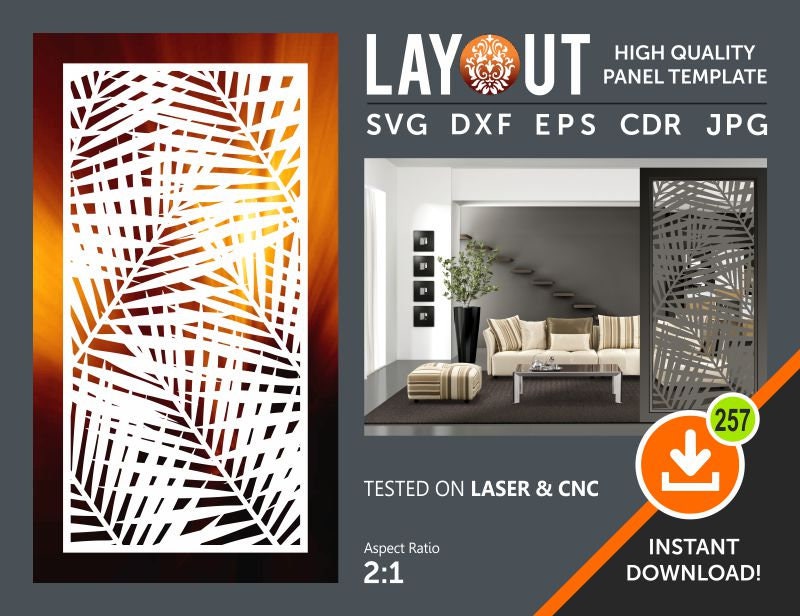 Palmblatt Panel Muster, Dekorativer Raumteiler, Wandbehang, Bildschirm Cnc, Laser, Plasma Cricut Plotterdatei cdr, svg, dxf, eps, jpg