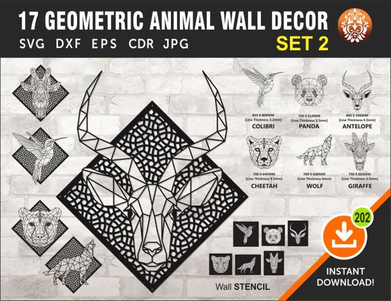 Download Home Living Wall Stencils Stencil 17 Geometric Animals Wall Decor Laser Cut Template Wall Decor Decal Jpg Format Instant Download Dxf Cdr Eps Svg Wall Vinyl
