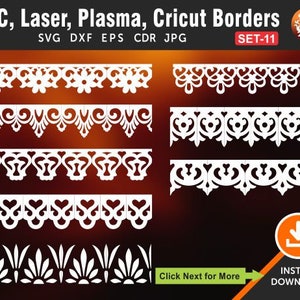 May include: Set of 5 white decorative borders for CNC, laser, plasma, and Cricut cutting. The borders are intricate and detailed, with a variety of floral and geometric patterns. The image includes the text "CNC, Laser, Plasma, Cricut Borders" and "SET-11".